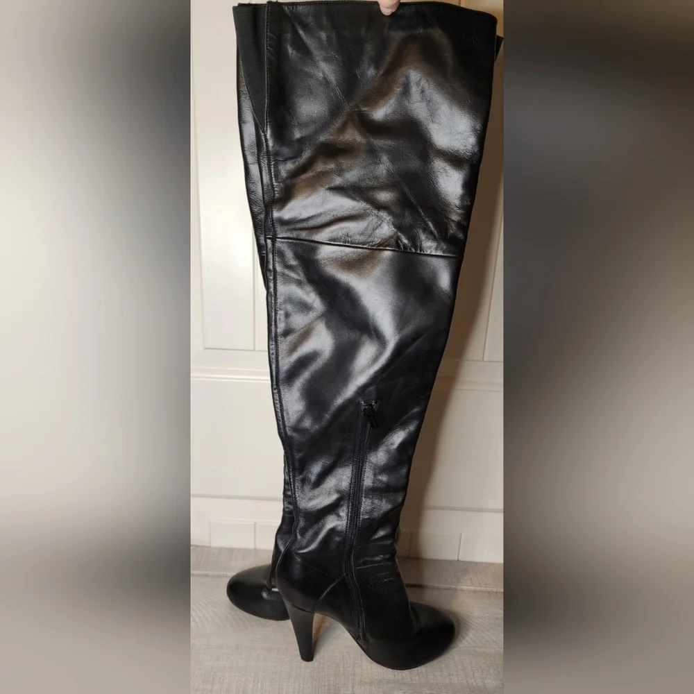 Women's Colin Stuart Black Leather Thigh-High Heeled Boots- Size 7.5B